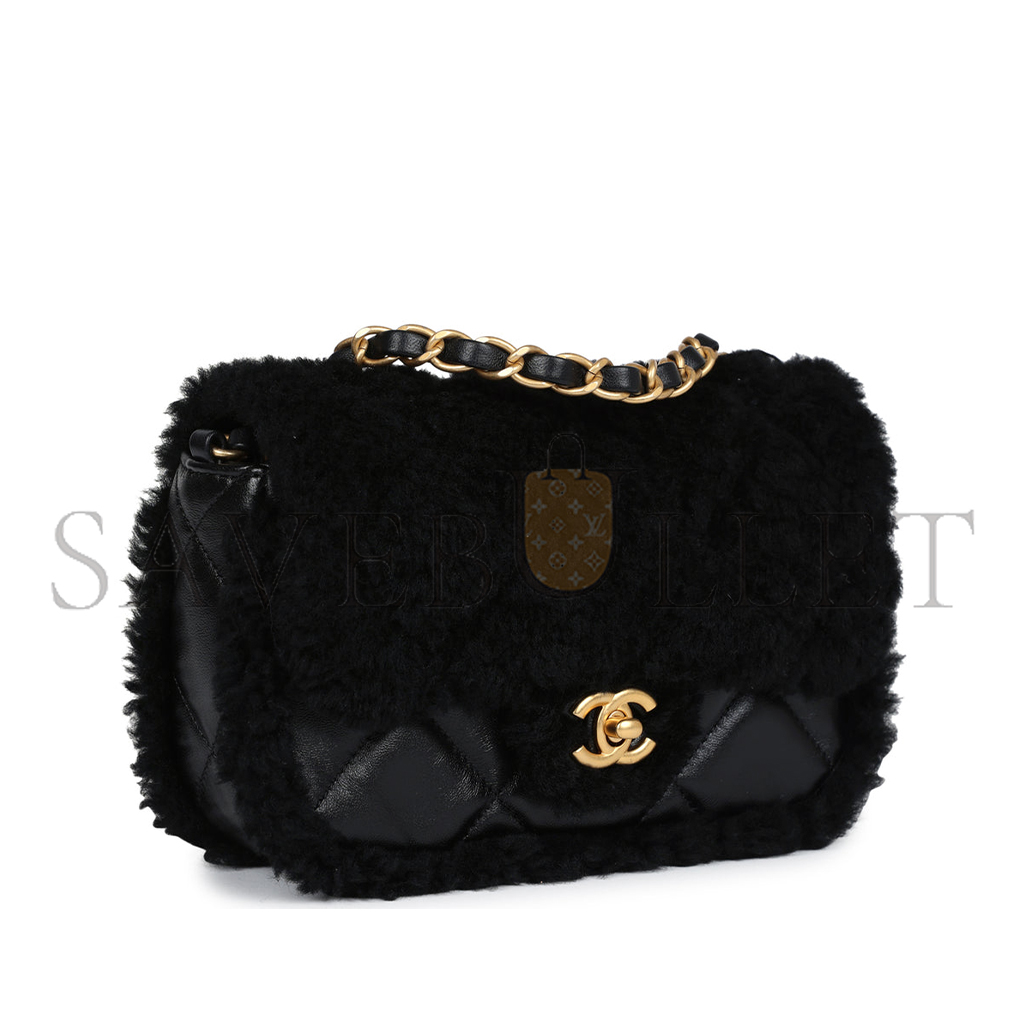 CHANEL MINI SHEARLING FLAP BAG BLACK LAMBSKIN BRUSHED GOLD HARDWARE AS5148 (18*12*6cm)